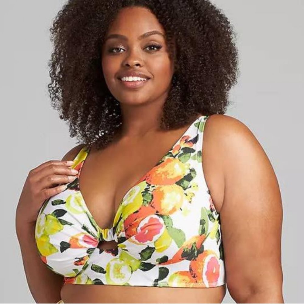 Cacique Bikini Top Size 44D Lightly Lined Plunge Orange Lemon Citrus Print